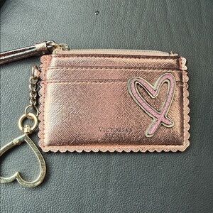 VICTORIA'S SECRET METALLIC PINK HEART CARD CASE  KEYCHAIN WALLET COIN POUCH